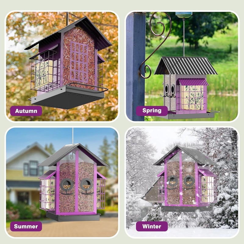 FlowaFoli Bird Feeders for Outdoors, Metal Bird Feeder with Double Suet Cage Weatherproof Metal Roof, 2 in 1 Mixed Seeds Suet Feeder, 4Lbs Large Capacity, Great for Finch、Cardinal、Chickadee（Purple） - Image 5